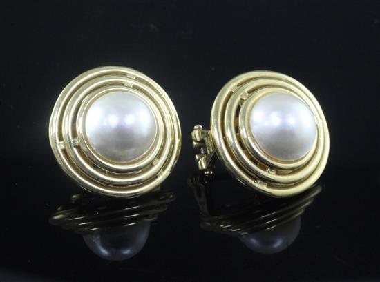 A modern pair 18ct gold and mabe pearl earrings,